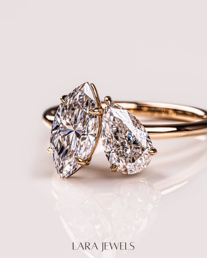2.54 TCW Marquise & Pear E/VS2 Lab Grown Diamond Two Stone Engagement Ring