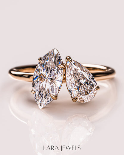 2.54 TCW Marquise & Pear E/VS2 Lab Grown Diamond Two Stone Engagement Ring