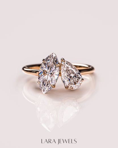 2.54 TCW Marquise & Pear E/VS2 Lab Grown Diamond Two Stone Engagement Ring