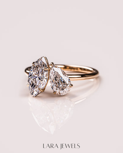 2.54 TCW Marquise & Pear E/VS2 Lab Grown Diamond Two Stone Engagement Ring