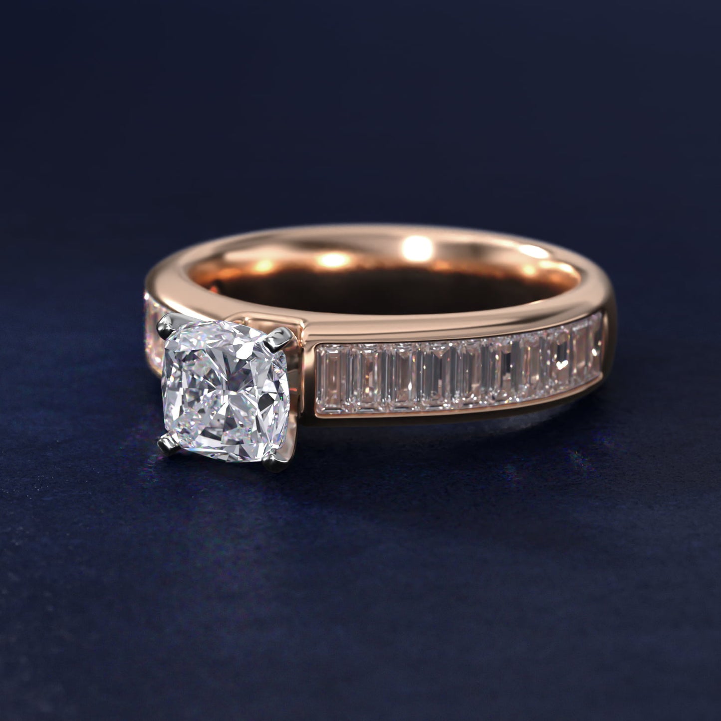 Channel Set Baguette Diamond Engagement Ring in 14k Rose Gold (1 ct. tw.) - Cushion Center
