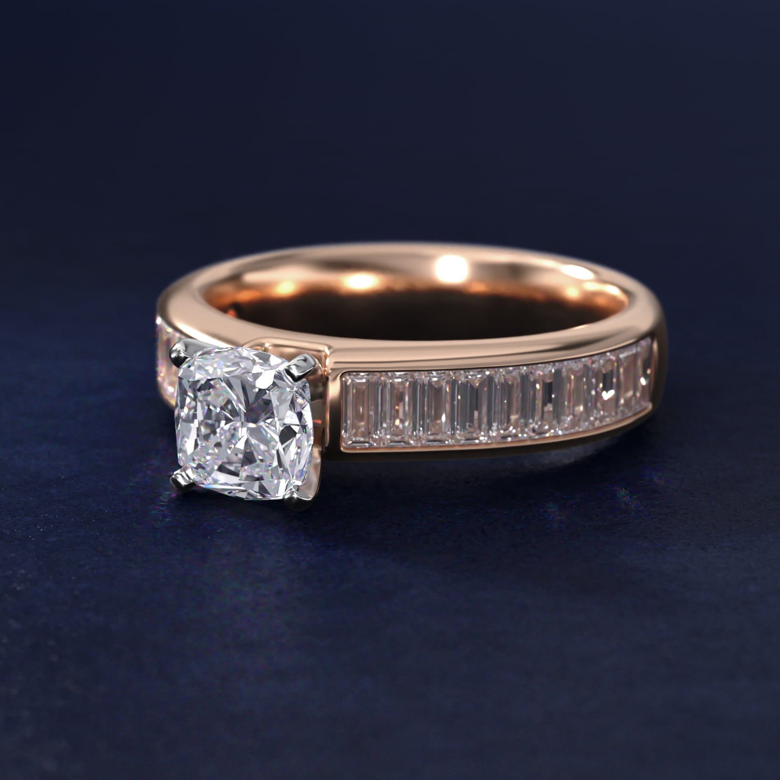 Channel Set Baguette Diamond Engagement Ring in 14k Rose Gold (1 ct. tw.) - Cushion Center