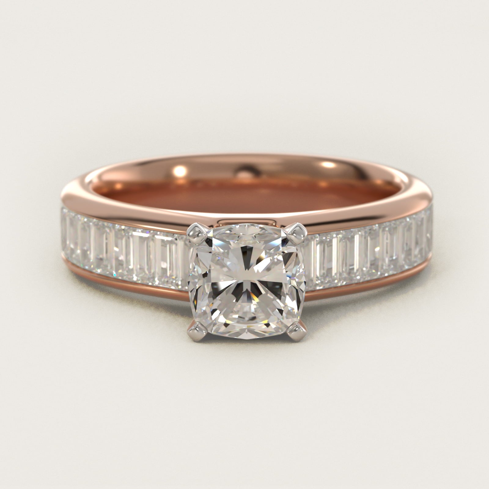 Channel Set Baguette Diamond Engagement Ring in 18k Rose Gold (1 ct. tw.) - Cushion Center
