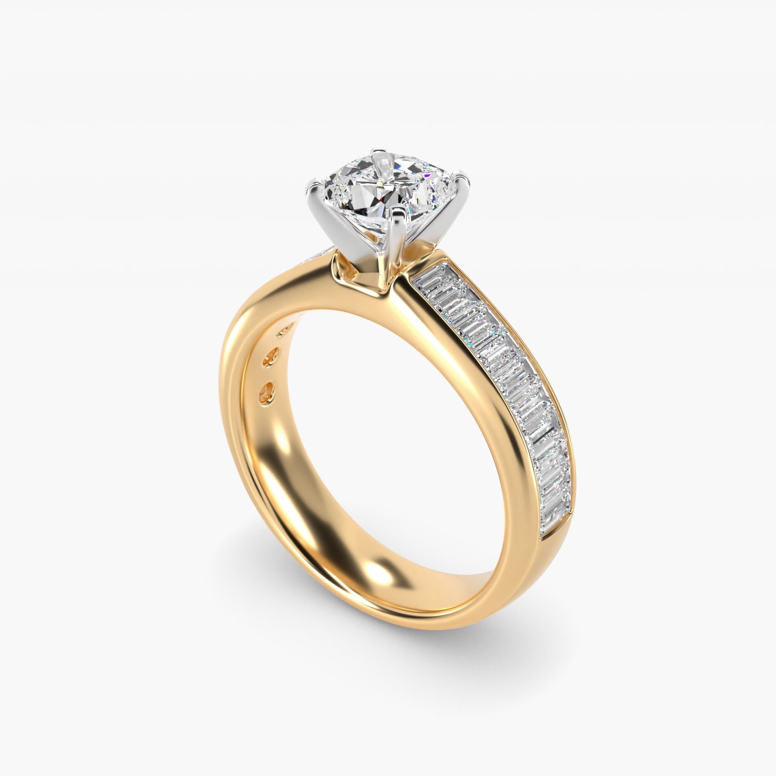 Channel Set Baguette Diamond Engagement Ring in 18k Yellow Gold (1 ct. tw.) - Cushion Center