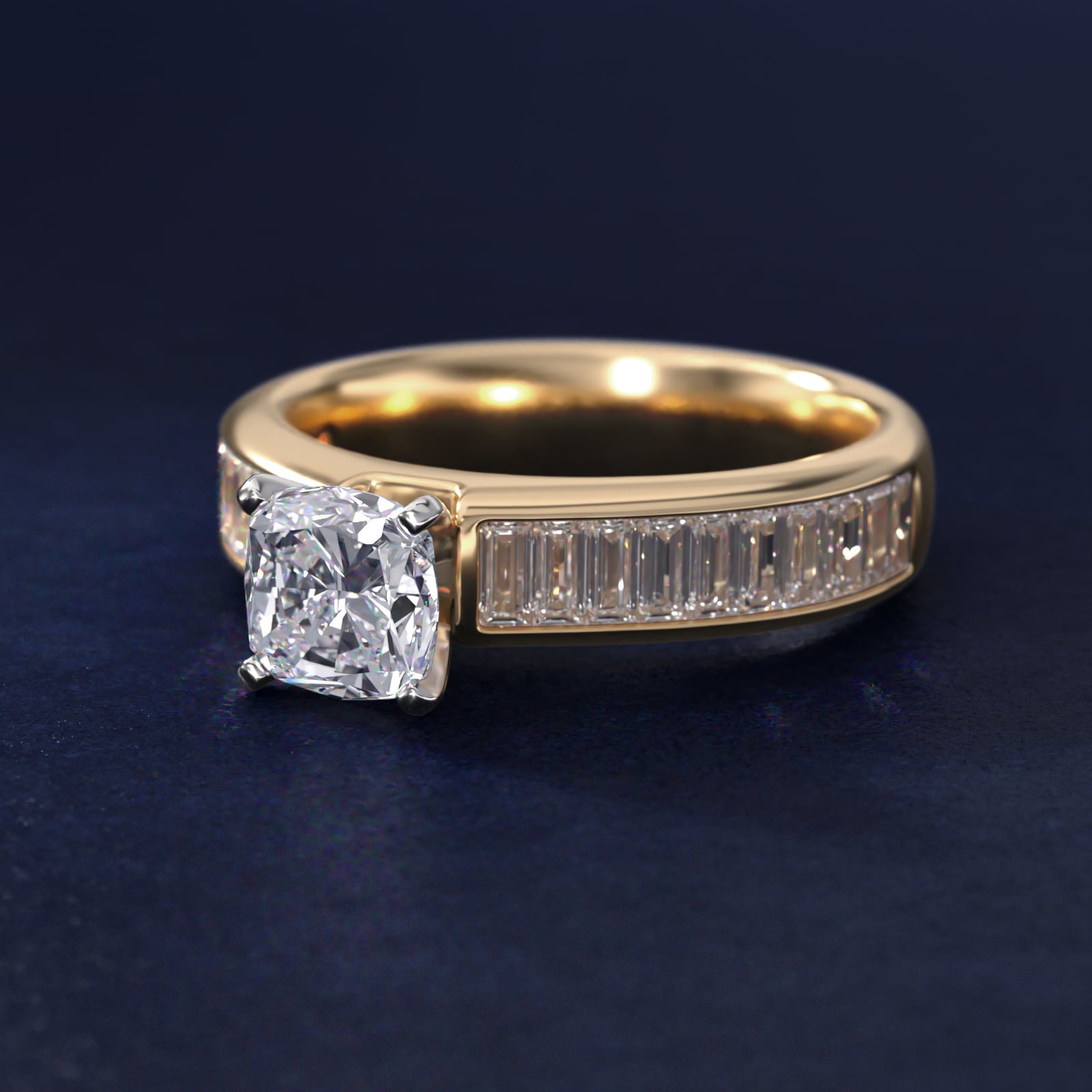 Channel Set Baguette Diamond Engagement Ring in 18k Yellow Gold (1 ct. tw.) - Cushion Center