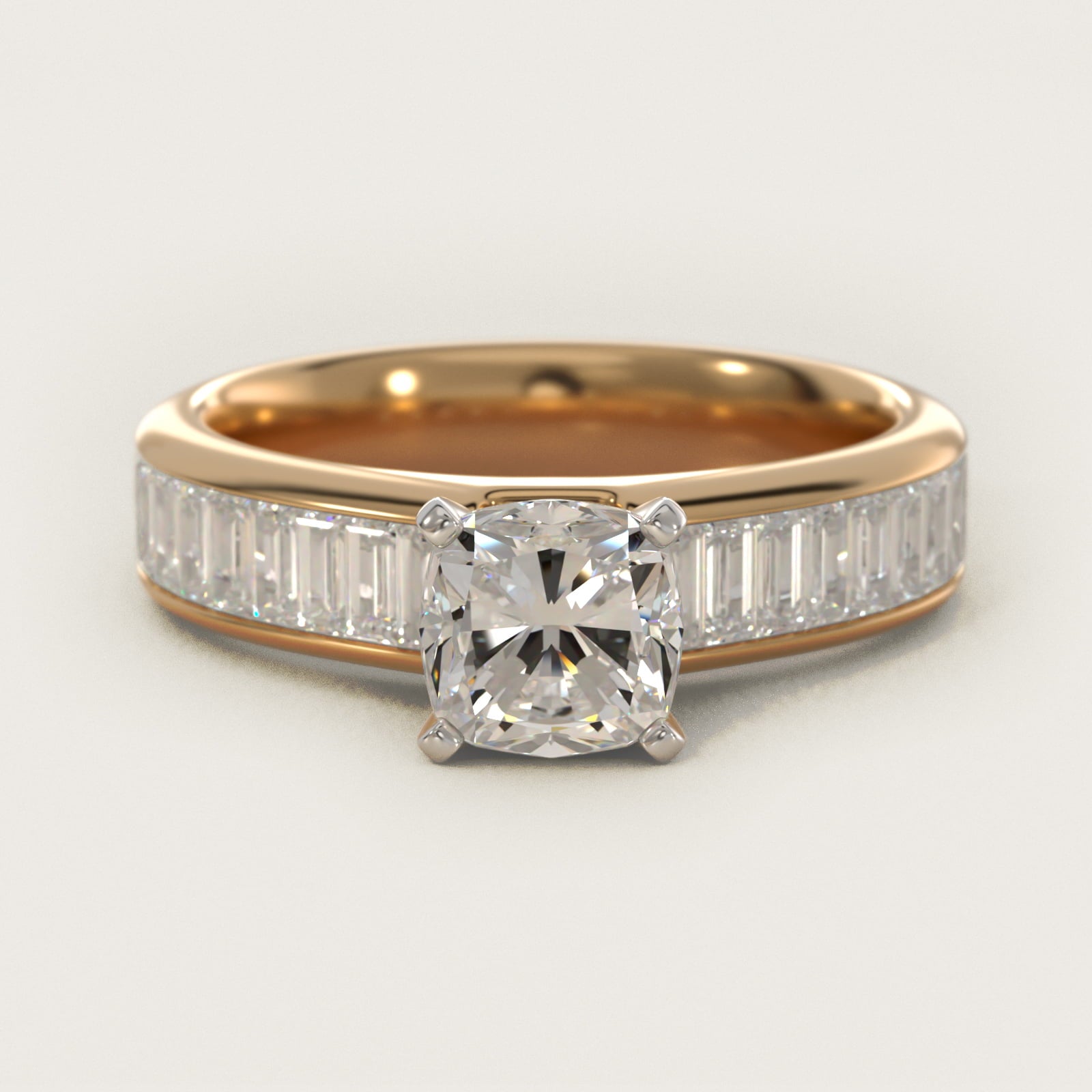 Channel Set Baguette Diamond Engagement Ring in 18k Yellow Gold (1 ct. tw.) - Cushion Center
