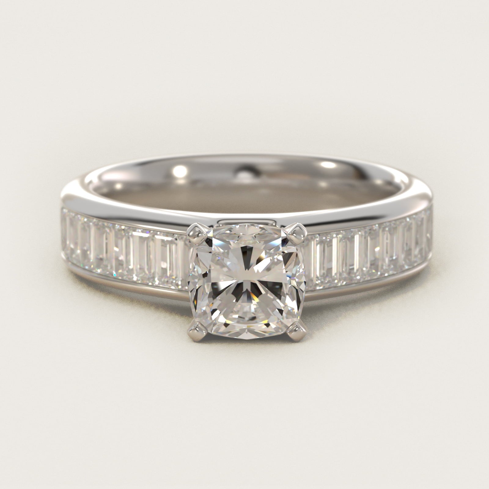 Channel Set Baguette Diamond Engagement Ring in Platinum (1 ct. tw.) - Cushion Center