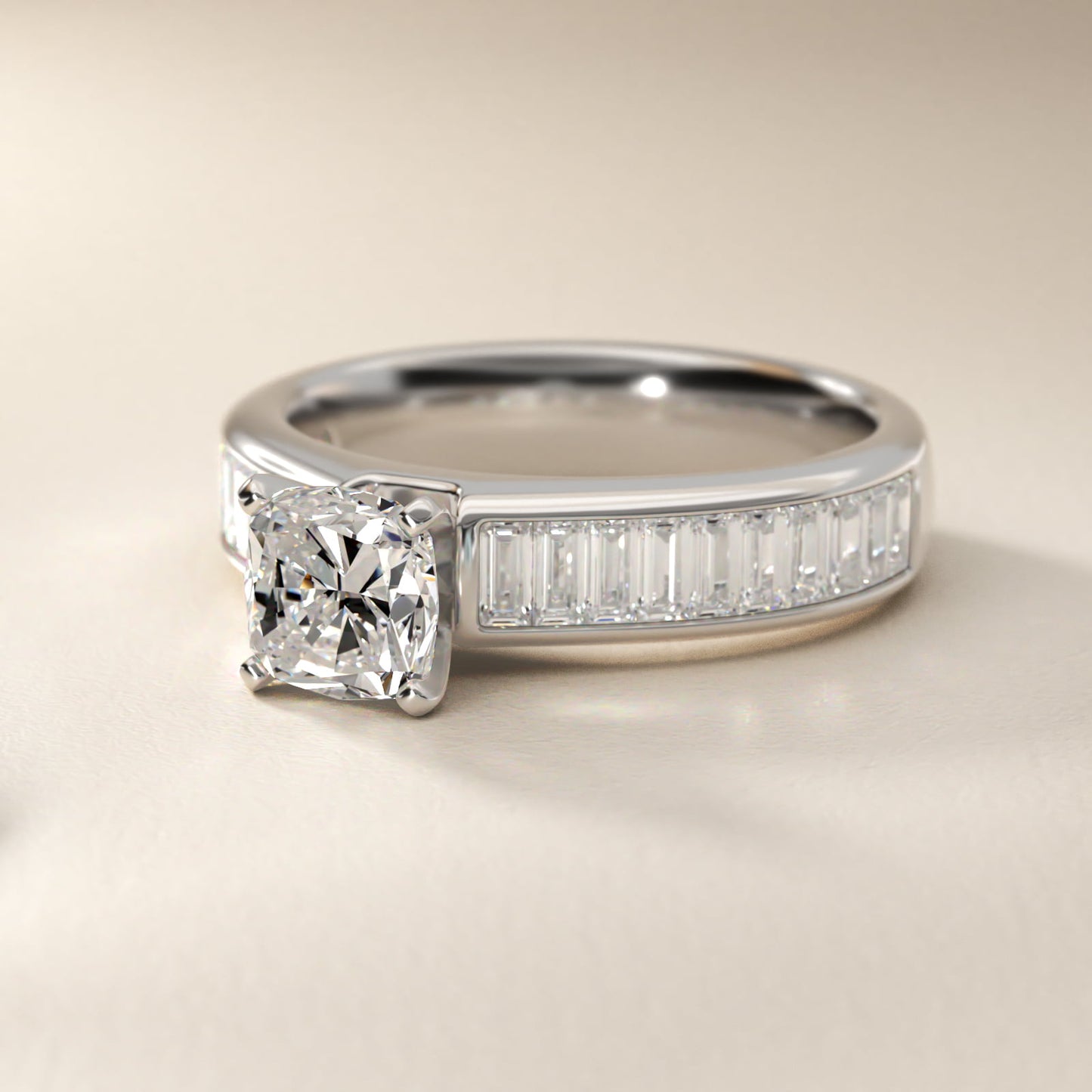 Channel Set Baguette Diamond Engagement Ring in Platinum (1 ct. tw.) - Cushion Center