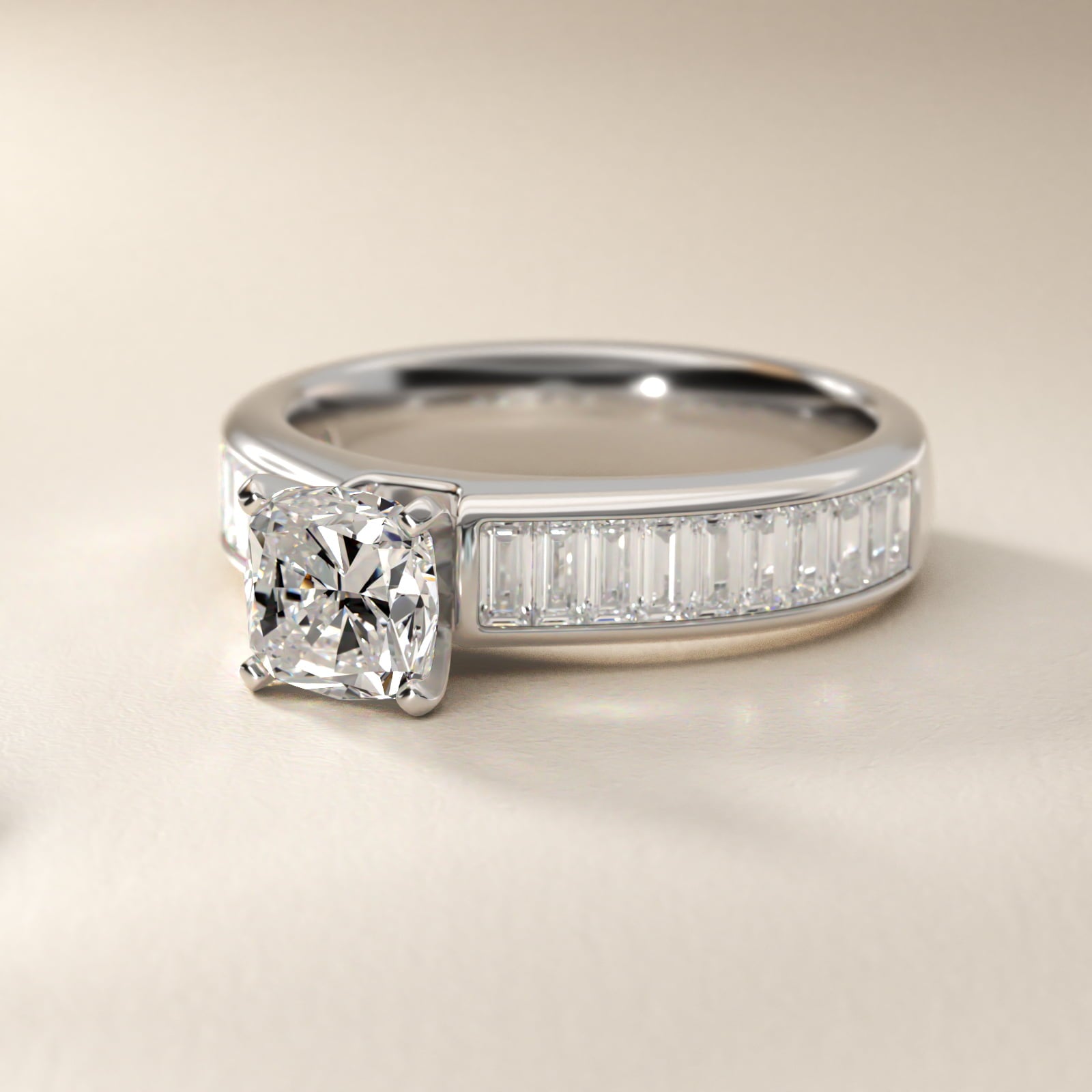 Channel Set Baguette Diamond Engagement Ring in Platinum (1 ct. tw.) - Cushion Center