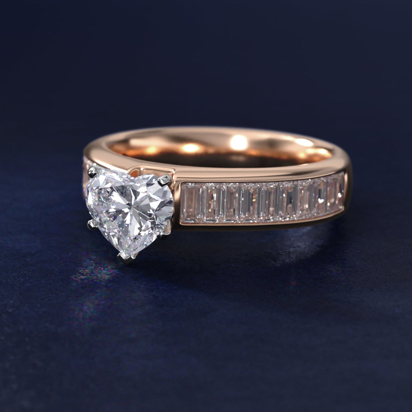 Channel Set Baguette Diamond Engagement Ring in 14k Rose Gold (1 ct. tw.) - Heart Center