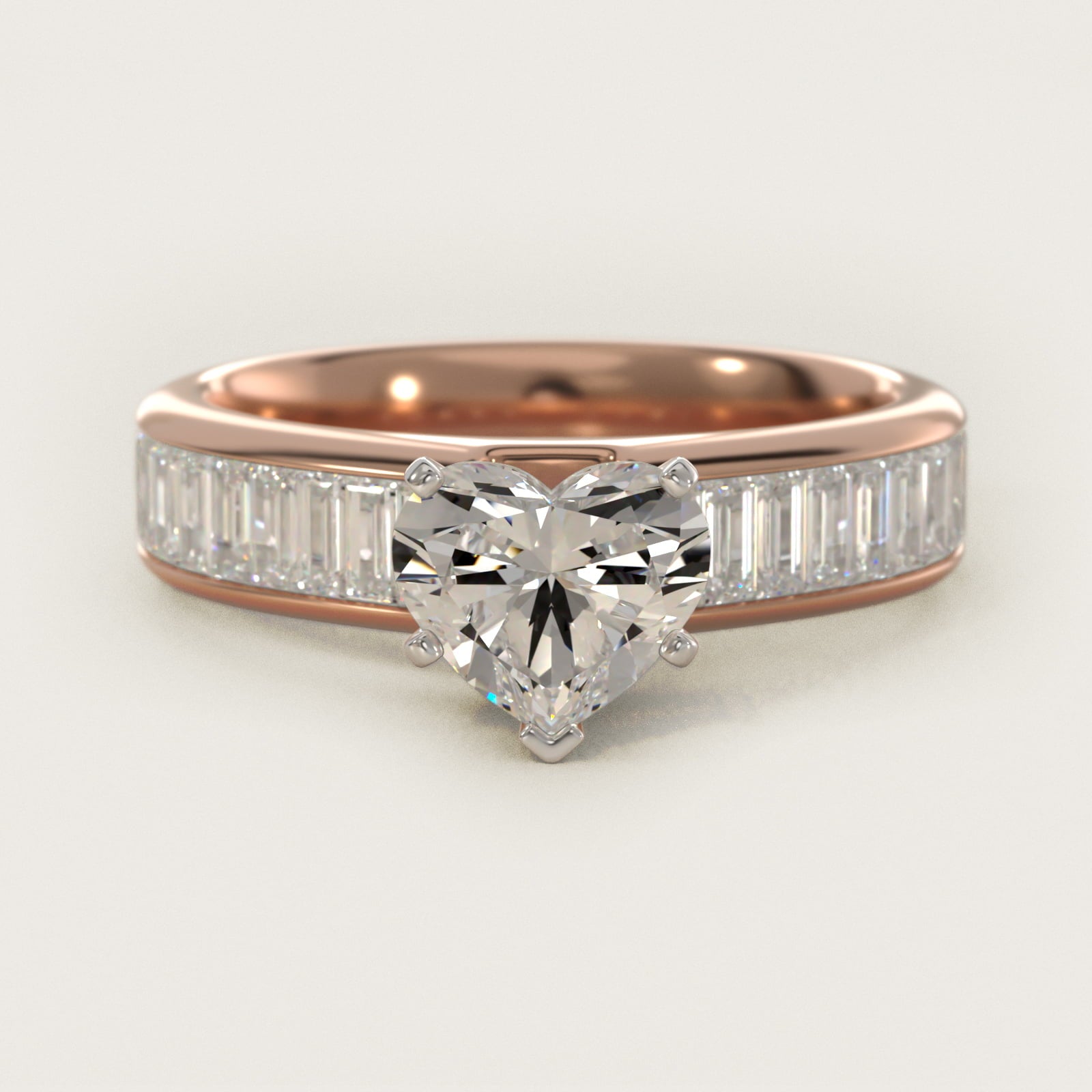 Channel Set Baguette Diamond Engagement Ring in 14k Rose Gold (1 ct. tw.) - Heart Center