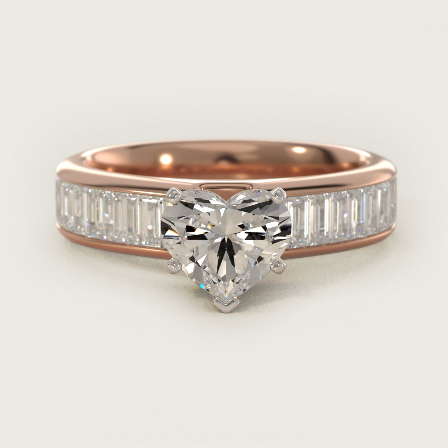 Channel Set Baguette Diamond Engagement Ring in 18k Rose Gold (1 ct. tw.) - Heart Center