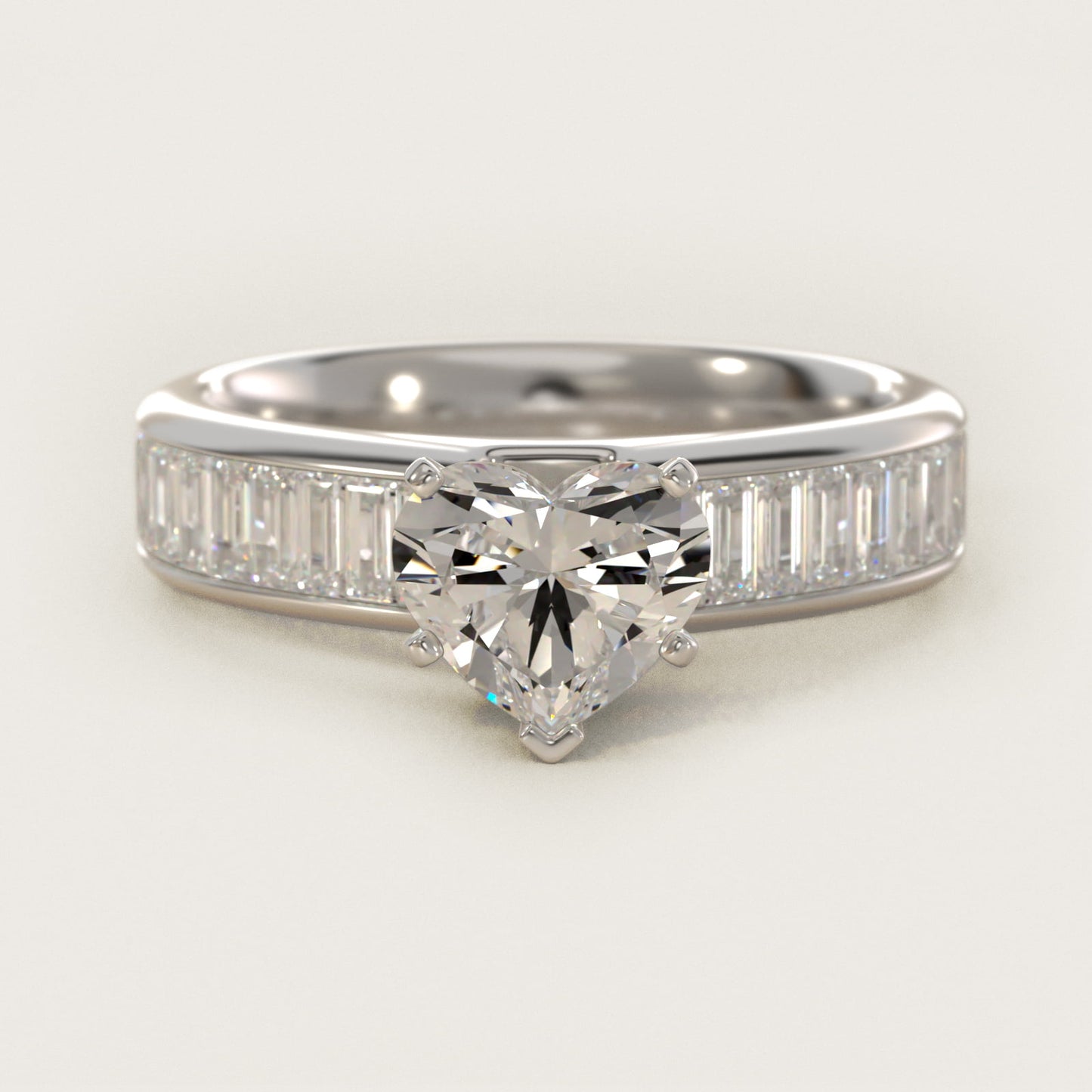 Channel Set Baguette Diamond Engagement Ring in 18k White Gold (1 ct. tw.) - Heart Center