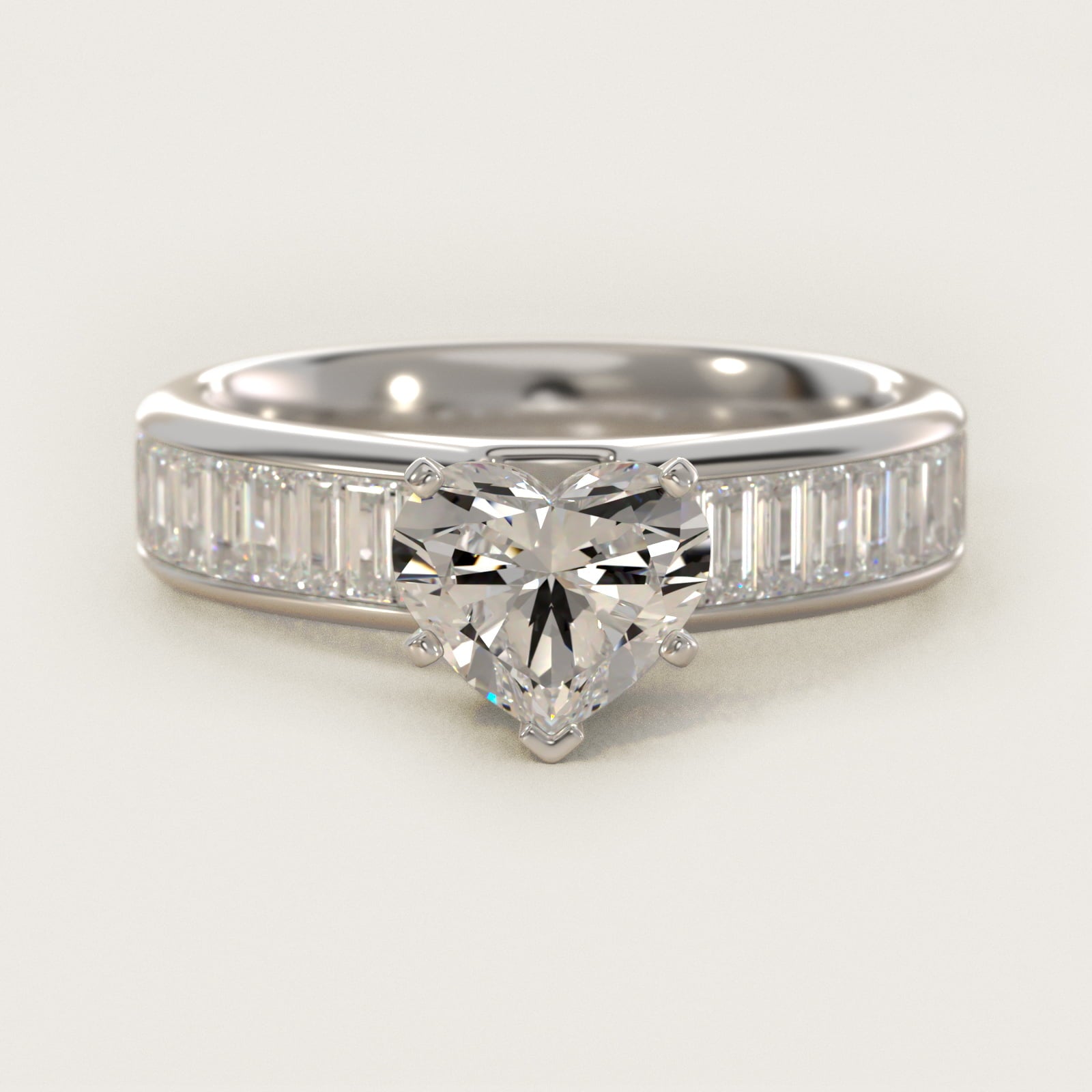 Channel Set Baguette Diamond Engagement Ring in 18k White Gold (1 ct. tw.) - Heart Center