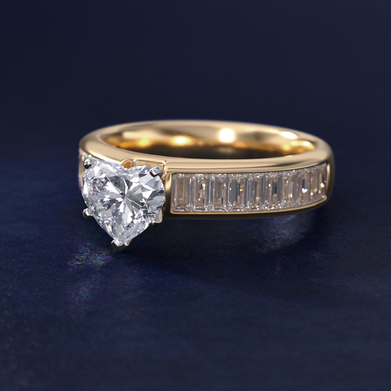 Channel Set Baguette Diamond Engagement Ring in 18k Yellow Gold (1 ct. tw.) - Heart Center