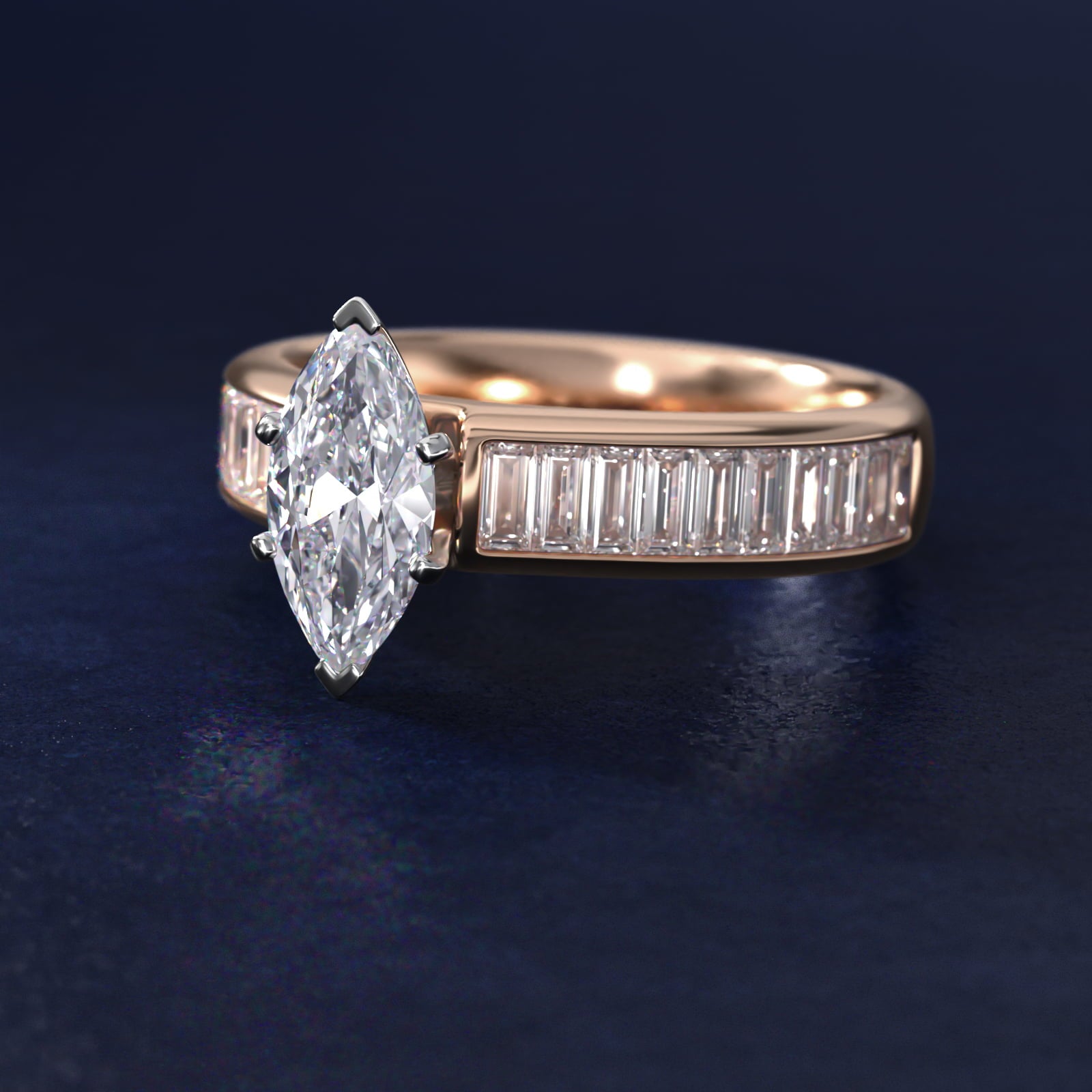 Channel Set Baguette Diamond Engagement Ring in 18k Rose Gold (1 ct. tw.) - Marquise Center