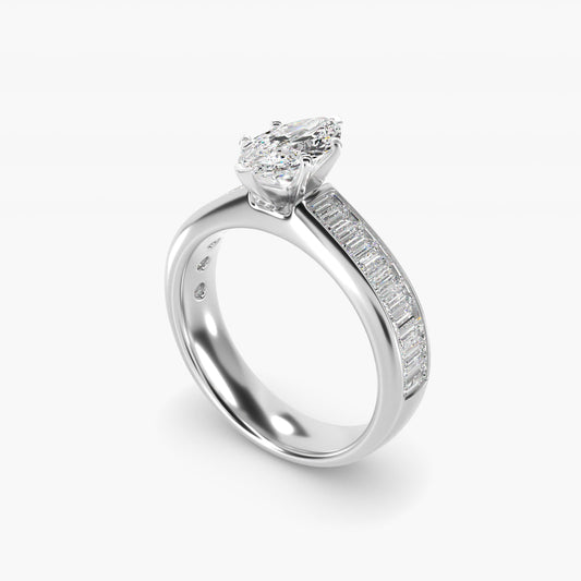 Channel Set Baguette Diamond Engagement Ring in 18k White Gold (1 ct. tw.) - Marquise Center