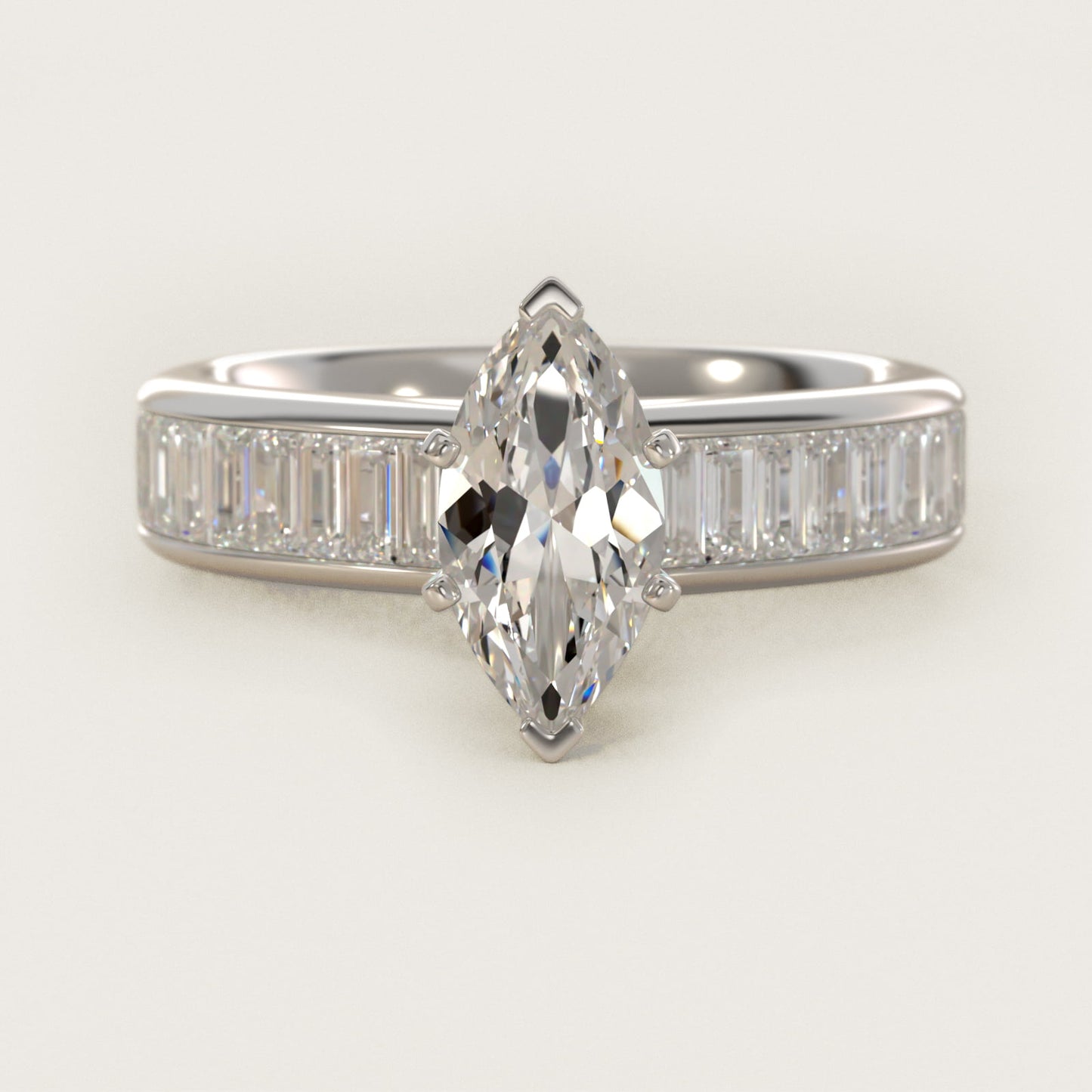 Channel Set Baguette Diamond Engagement Ring in 18k White Gold (1 ct. tw.) - Marquise Center