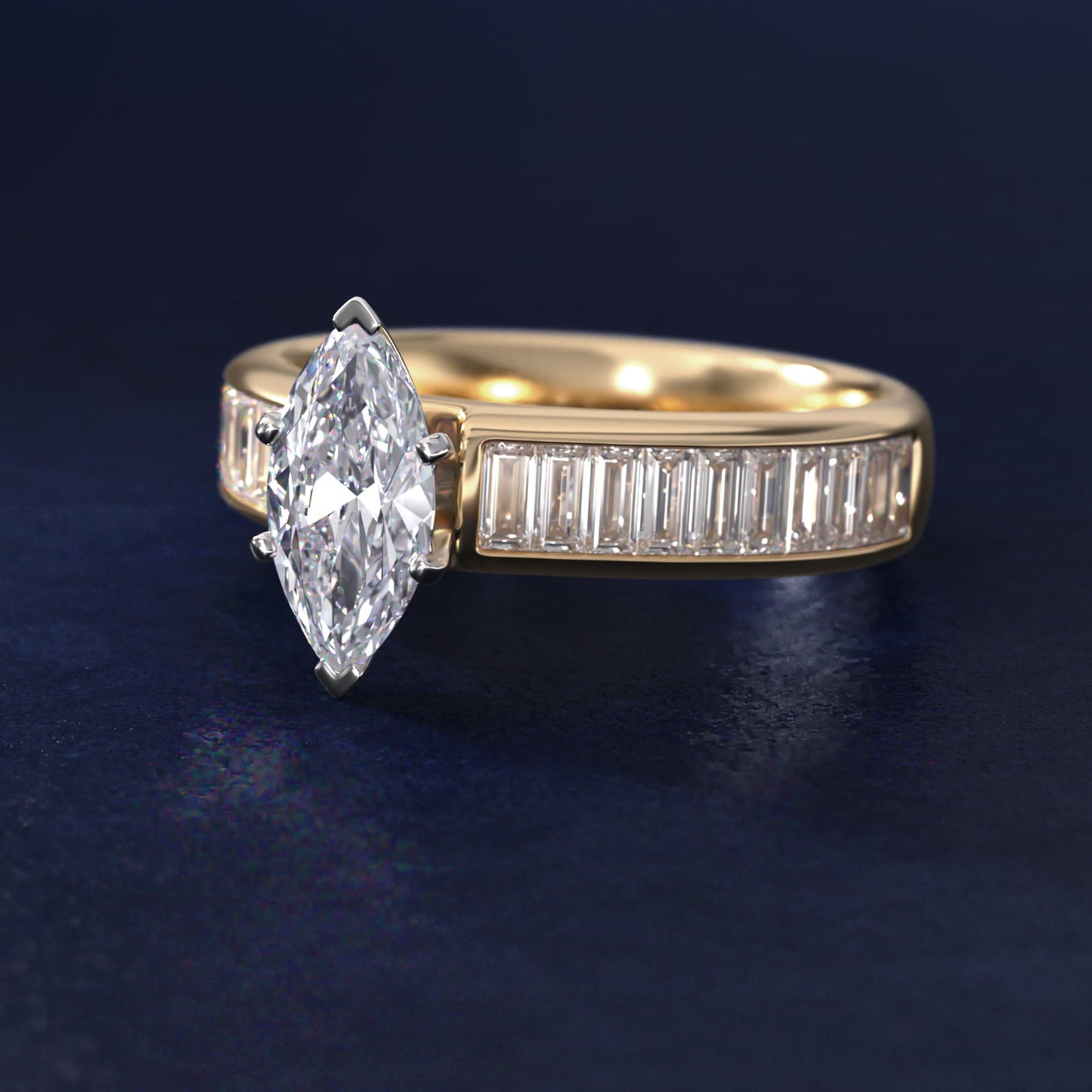 Channel Set Baguette Diamond Engagement Ring in 18k Yellow Gold (1 ct. tw.) - Marquise Center
