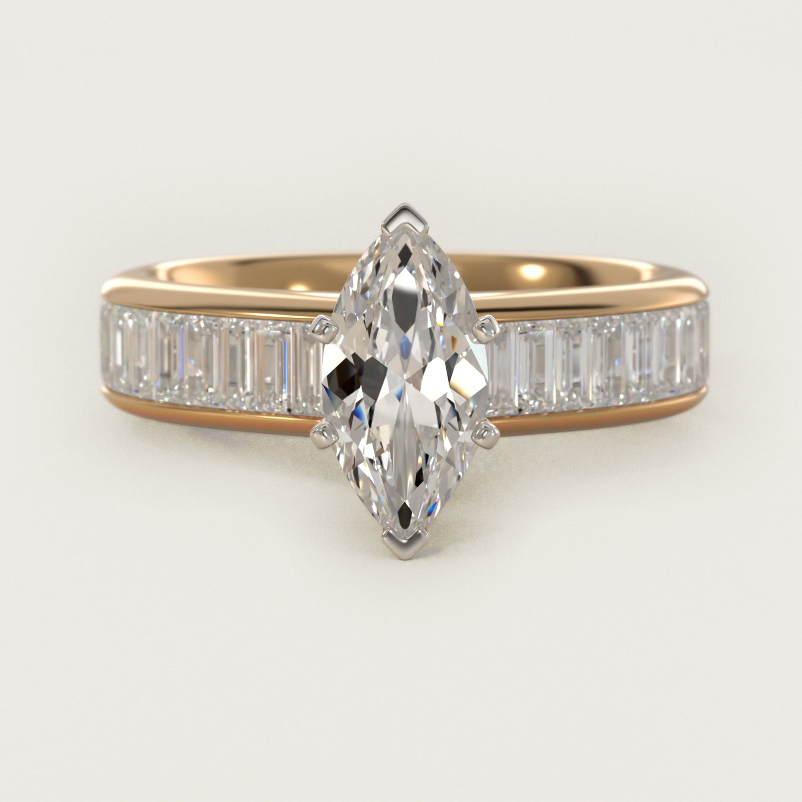 Channel Set Baguette Diamond Engagement Ring in 18k Yellow Gold (1 ct. tw.) - Marquise Center