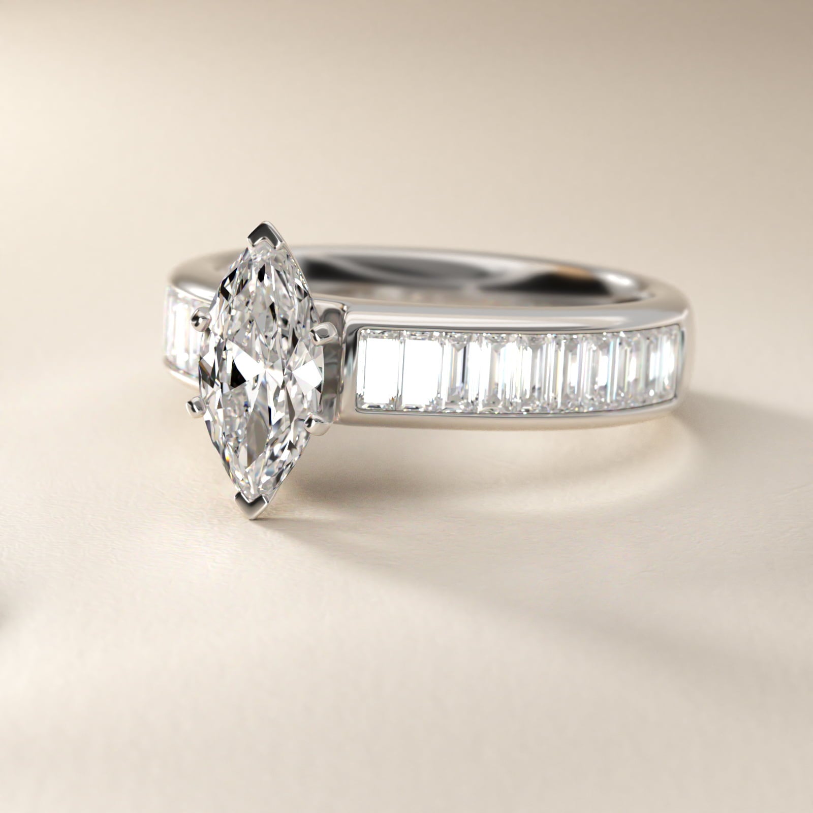 Channel Set Baguette Diamond Engagement Ring in Platinum (1 ct. tw.) - Marquise Center
