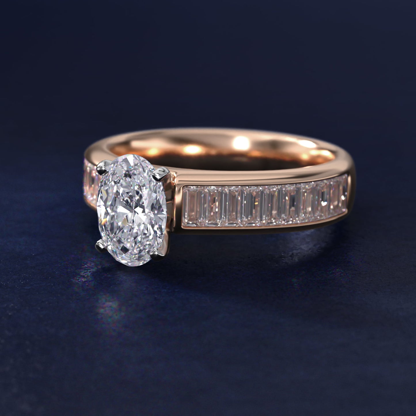Channel Set Baguette Diamond Engagement Ring in 18k Rose Gold (1 ct. tw.) - Oval Center