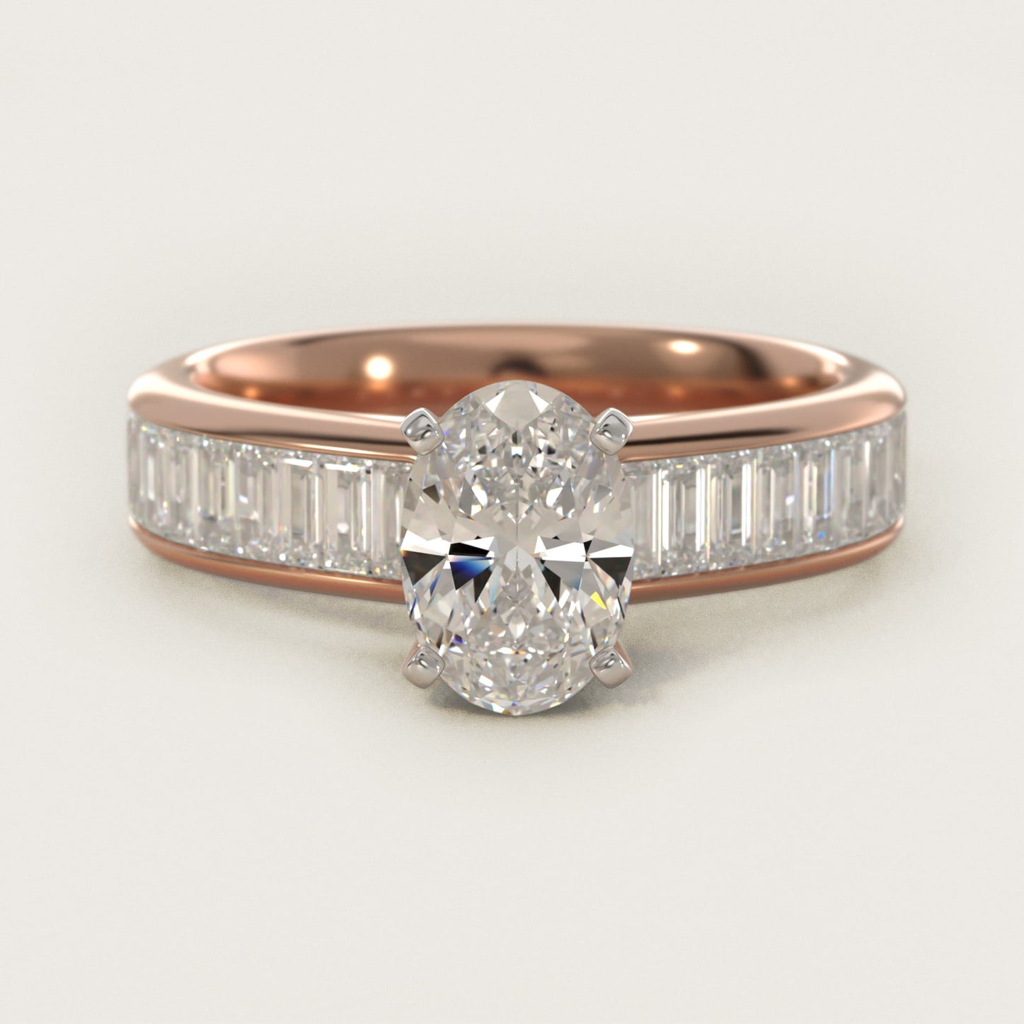 Channel Set Baguette Diamond Engagement Ring in 18k Rose Gold (1 ct. tw.) - Oval Center