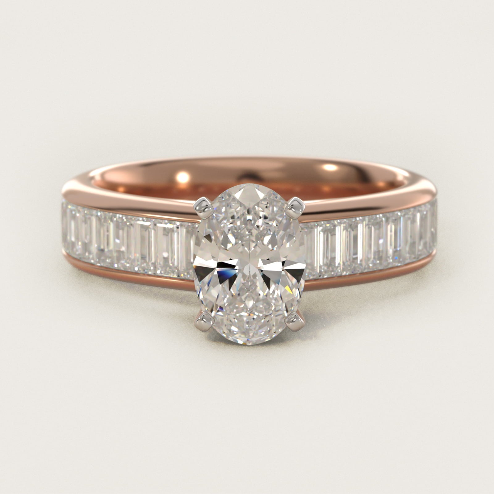 Channel Set Baguette Diamond Engagement Ring in 18k Rose Gold (1 ct. tw.) - Oval Center