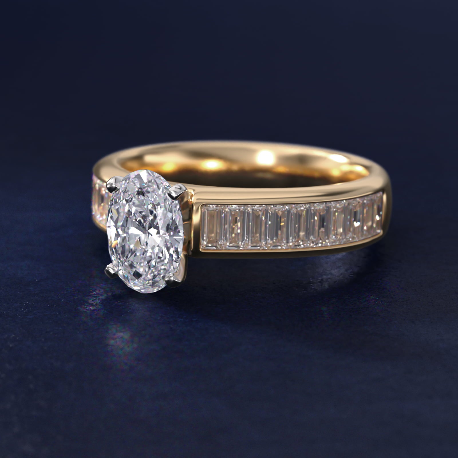 Channel Set Baguette Diamond Engagement Ring in 18k Yellow Gold (1 ct. tw.) - Oval Center
