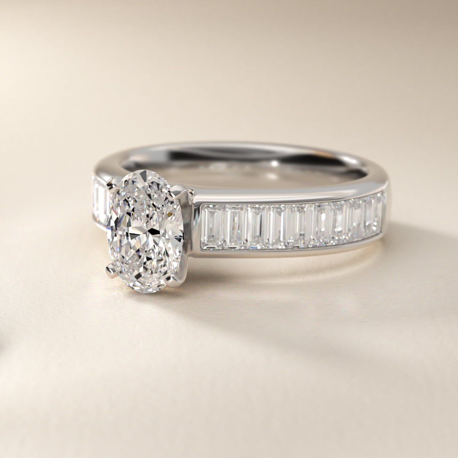 Channel Set Baguette Diamond Engagement Ring in Platinum (1 ct. tw.) - Oval Center