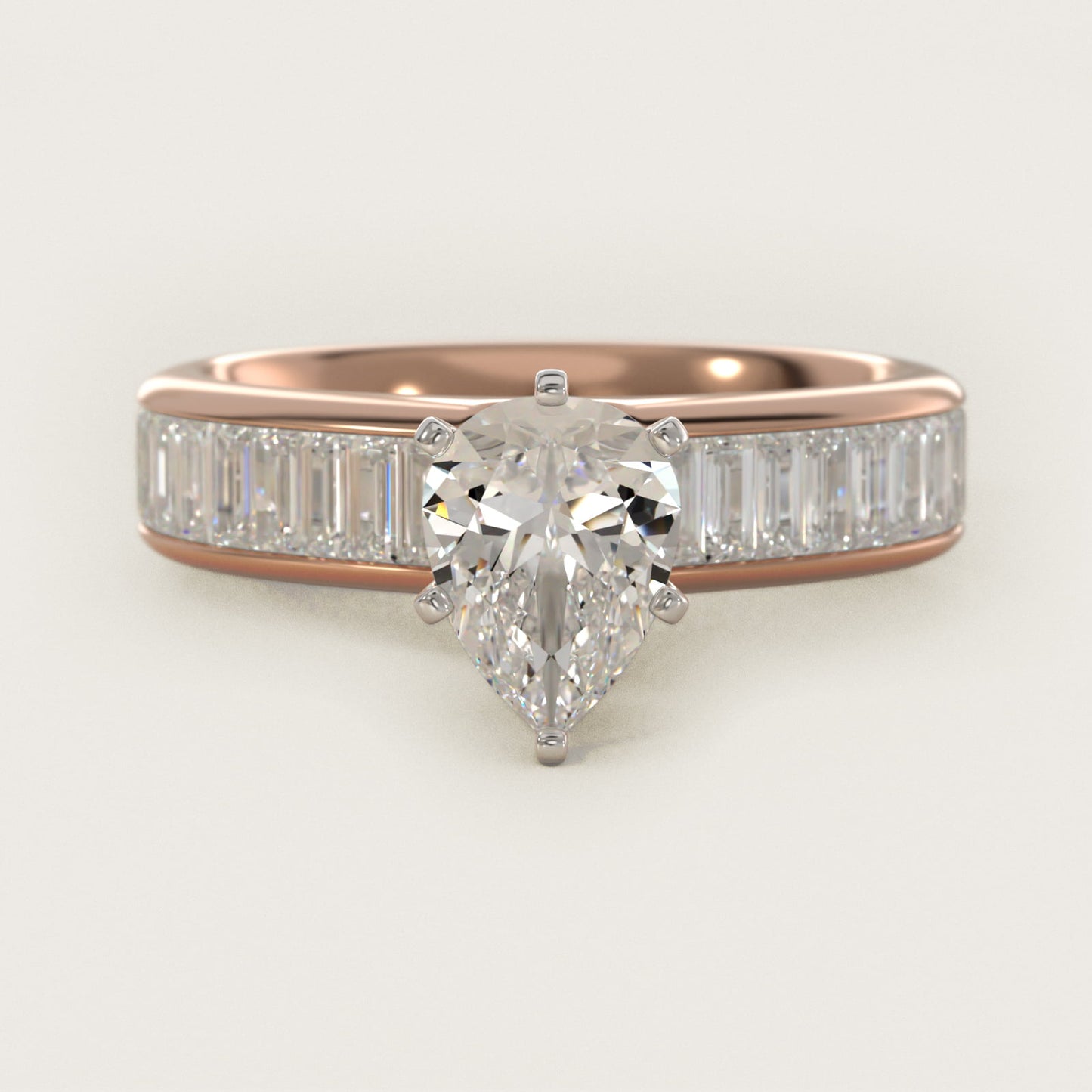 Channel Set Baguette Diamond Engagement Ring in 14k Rose Gold (1 ct. tw.) - Pear Center