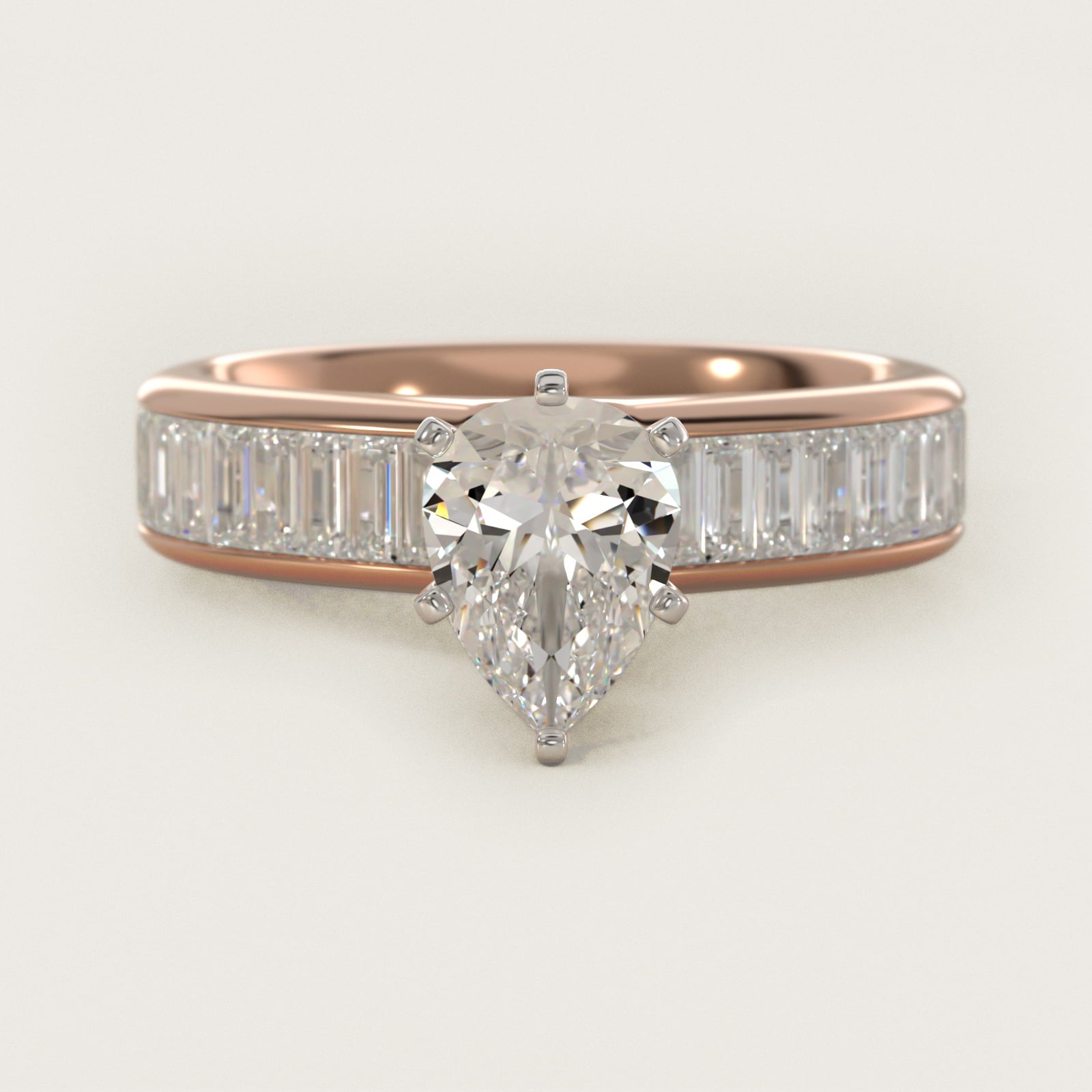 Channel Set Baguette Diamond Engagement Ring in 18k Rose Gold (1 ct. tw.) - Pear Center