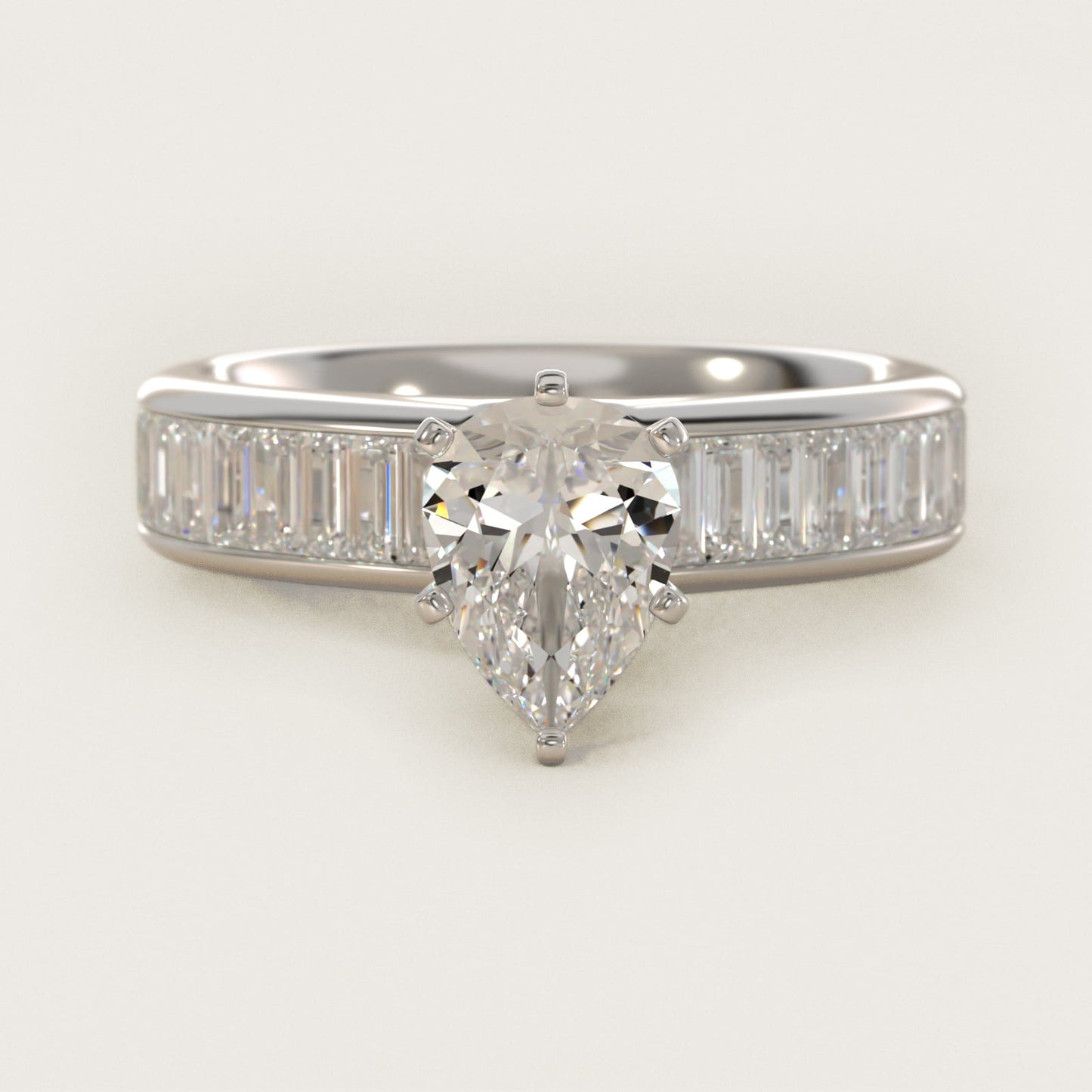 Channel Set Baguette Diamond Engagement Ring in 18k White Gold (1 ct. tw.) - Pear Center