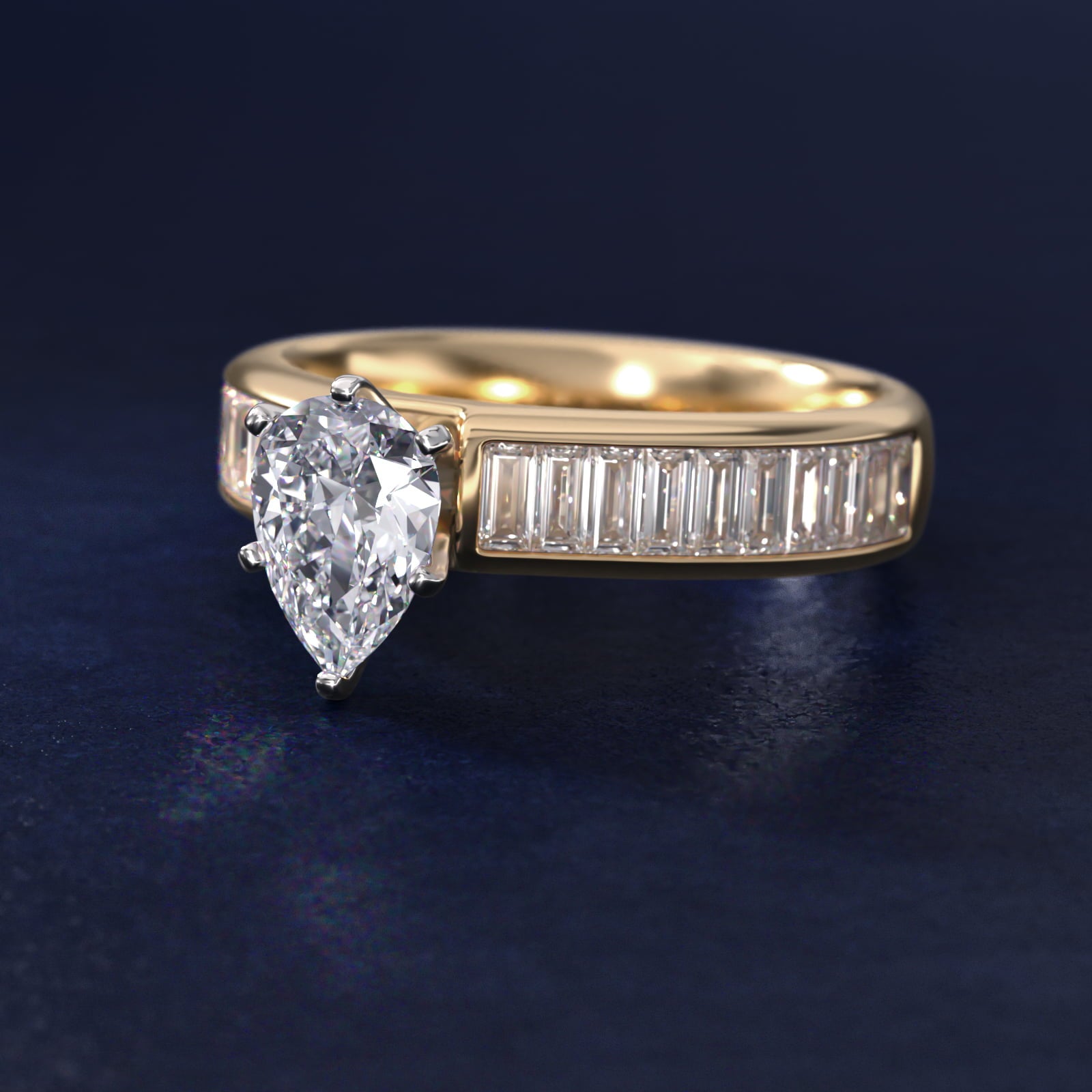 Channel Set Baguette Diamond Engagement Ring in 18k Yellow Gold (1 ct. tw.) - Pear Center