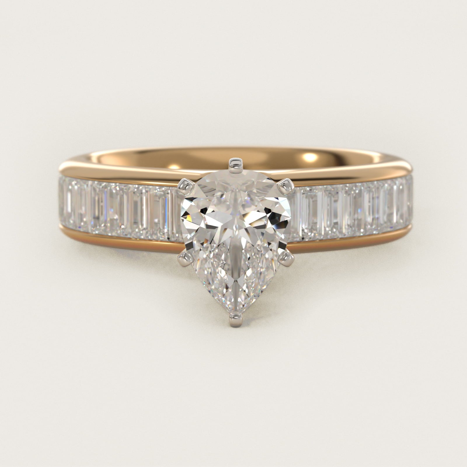 Channel Set Baguette Diamond Engagement Ring in 14k Yellow Gold (1 ct. tw.) - Pear Center