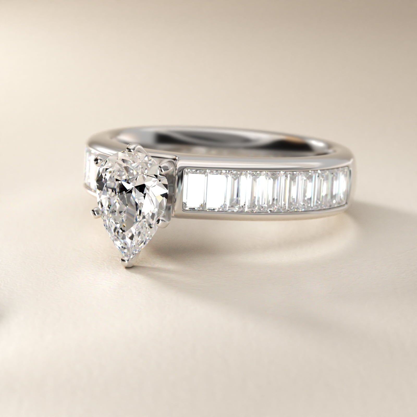 Channel Set Baguette Diamond Engagement Ring in Platinum (1 ct. tw.) - Pear Center