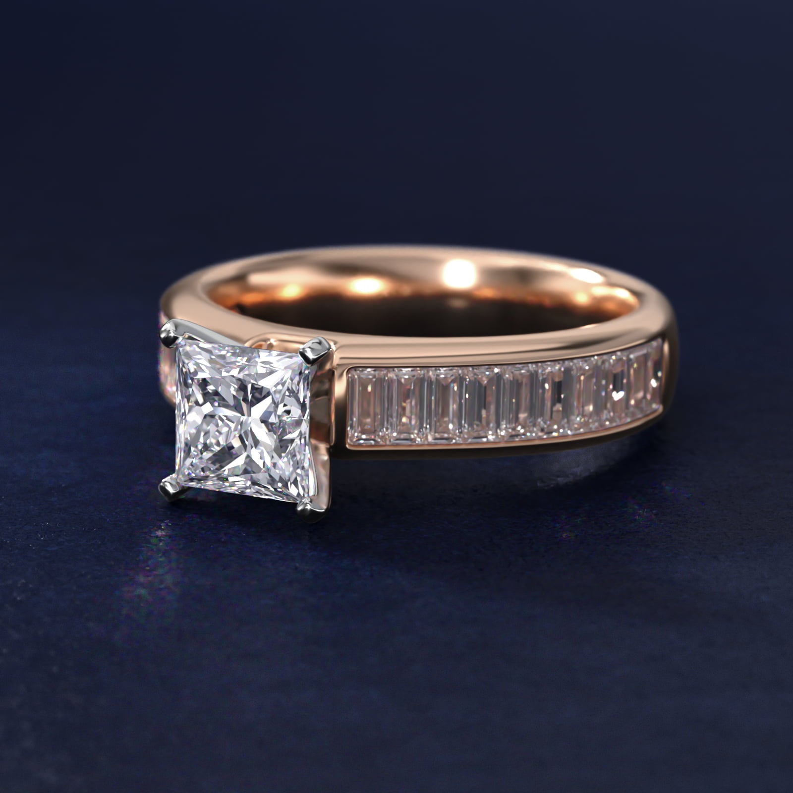 Channel Set Baguette Diamond Engagement Ring in 14k Rose Gold (1 ct. tw.) - Princess Center