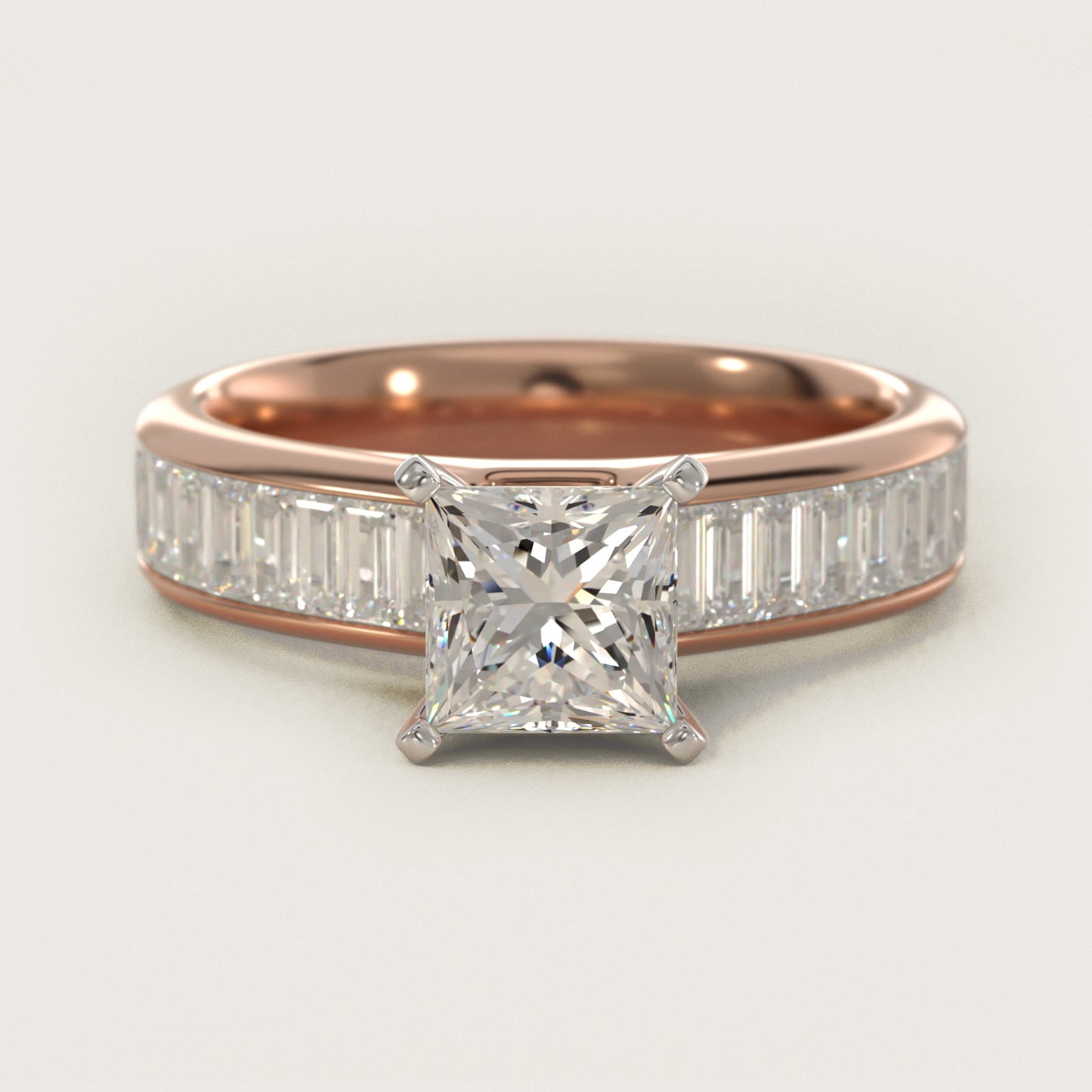 Channel Set Baguette Diamond Engagement Ring in 14k Rose Gold (1 ct. tw.) - Princess Center
