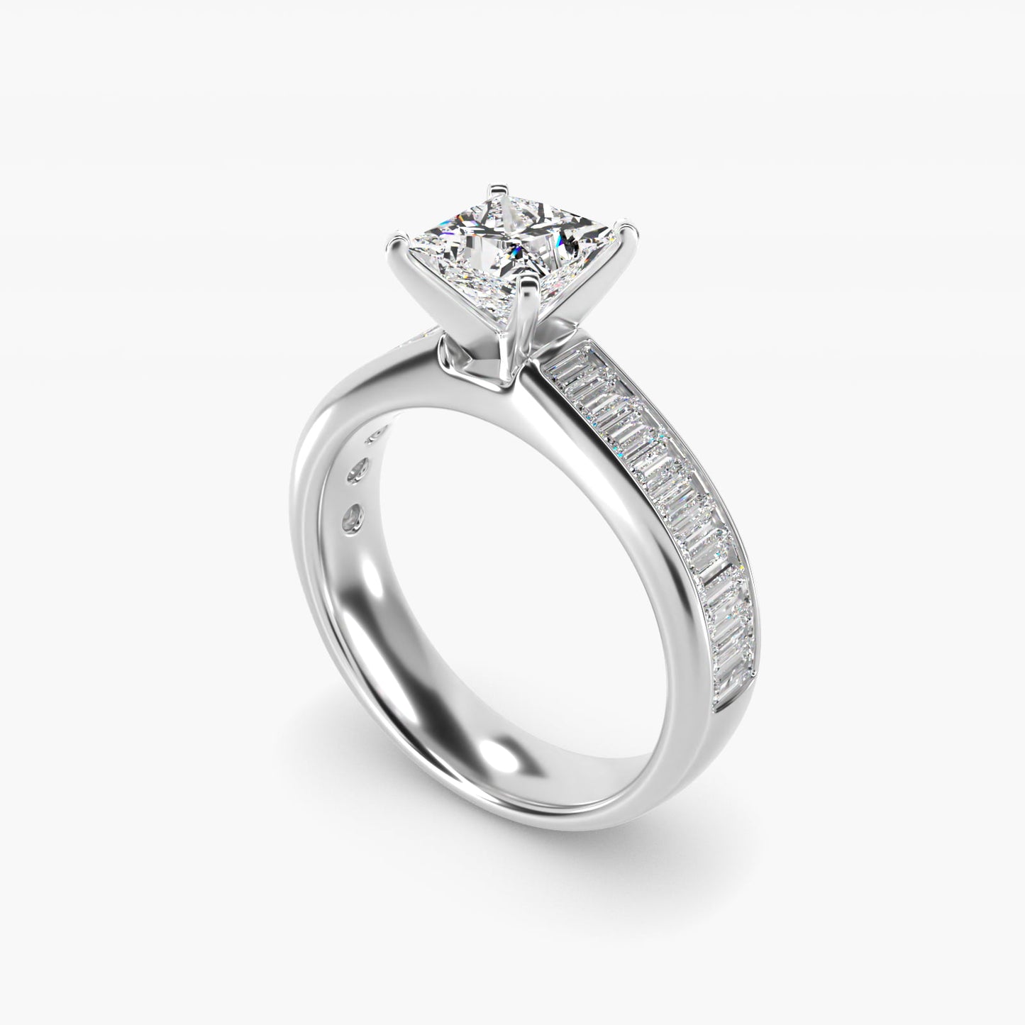 Channel Set Baguette Diamond Engagement Ring in 18k White Gold (1 ct. tw.) - Princess Center