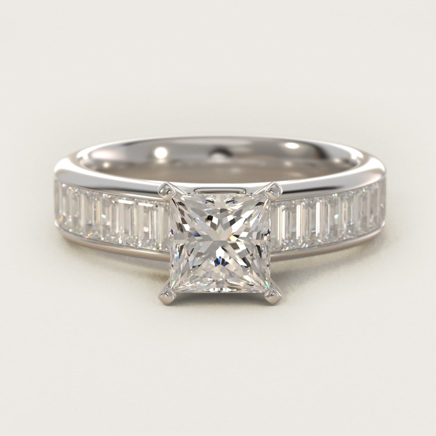 Channel Set Baguette Diamond Engagement Ring in 14k White Gold (1 ct. tw.) - Princess Center