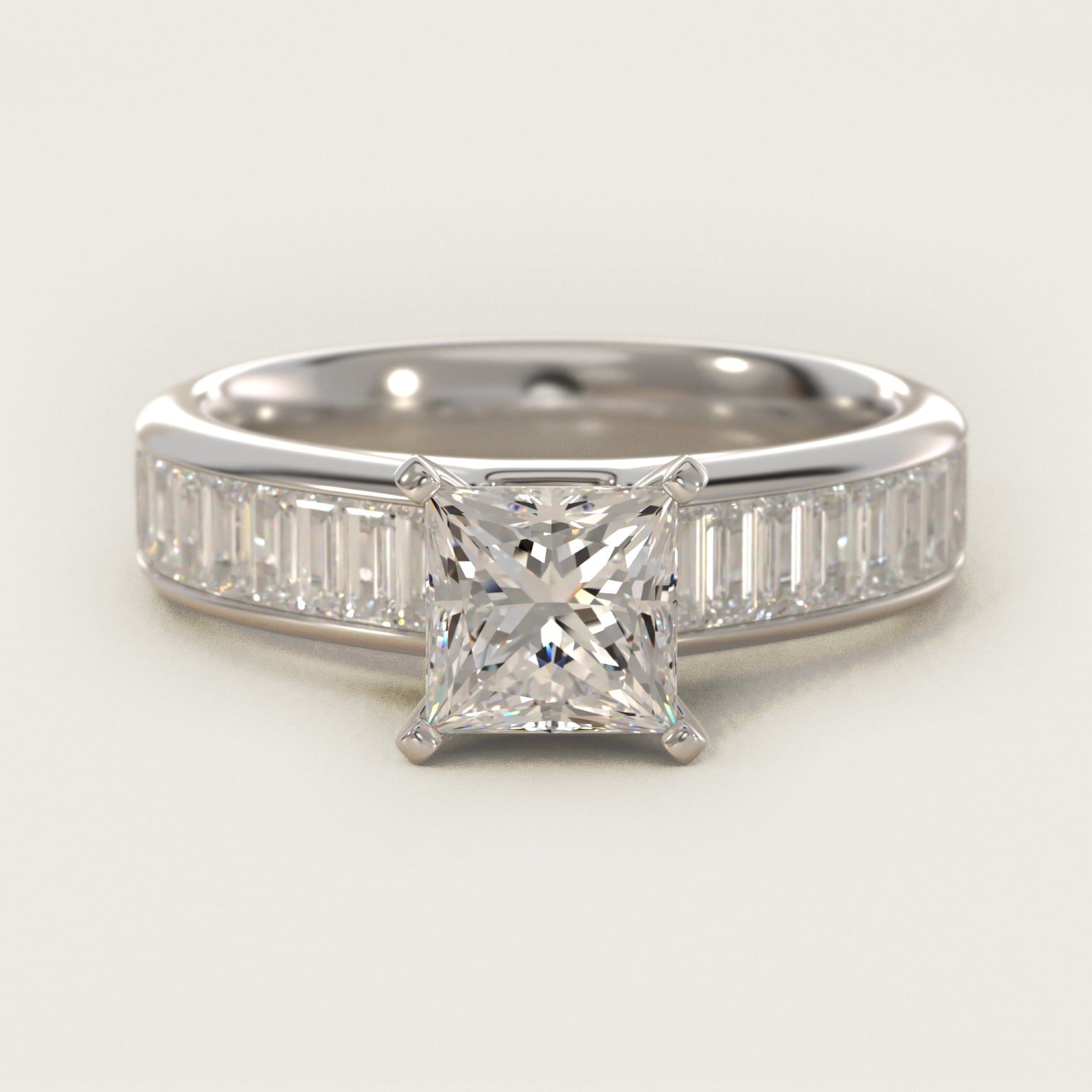 Channel Set Baguette Diamond Engagement Ring in 18k White Gold (1 ct. tw.) - Princess Center