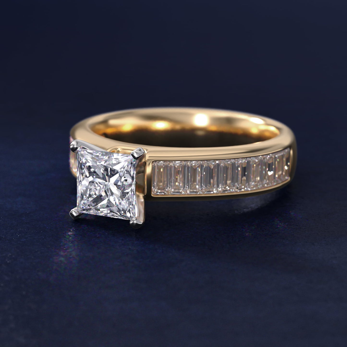 Channel Set Baguette Diamond Engagement Ring in 18k Yellow Gold (1 ct. tw.) - Princess Center