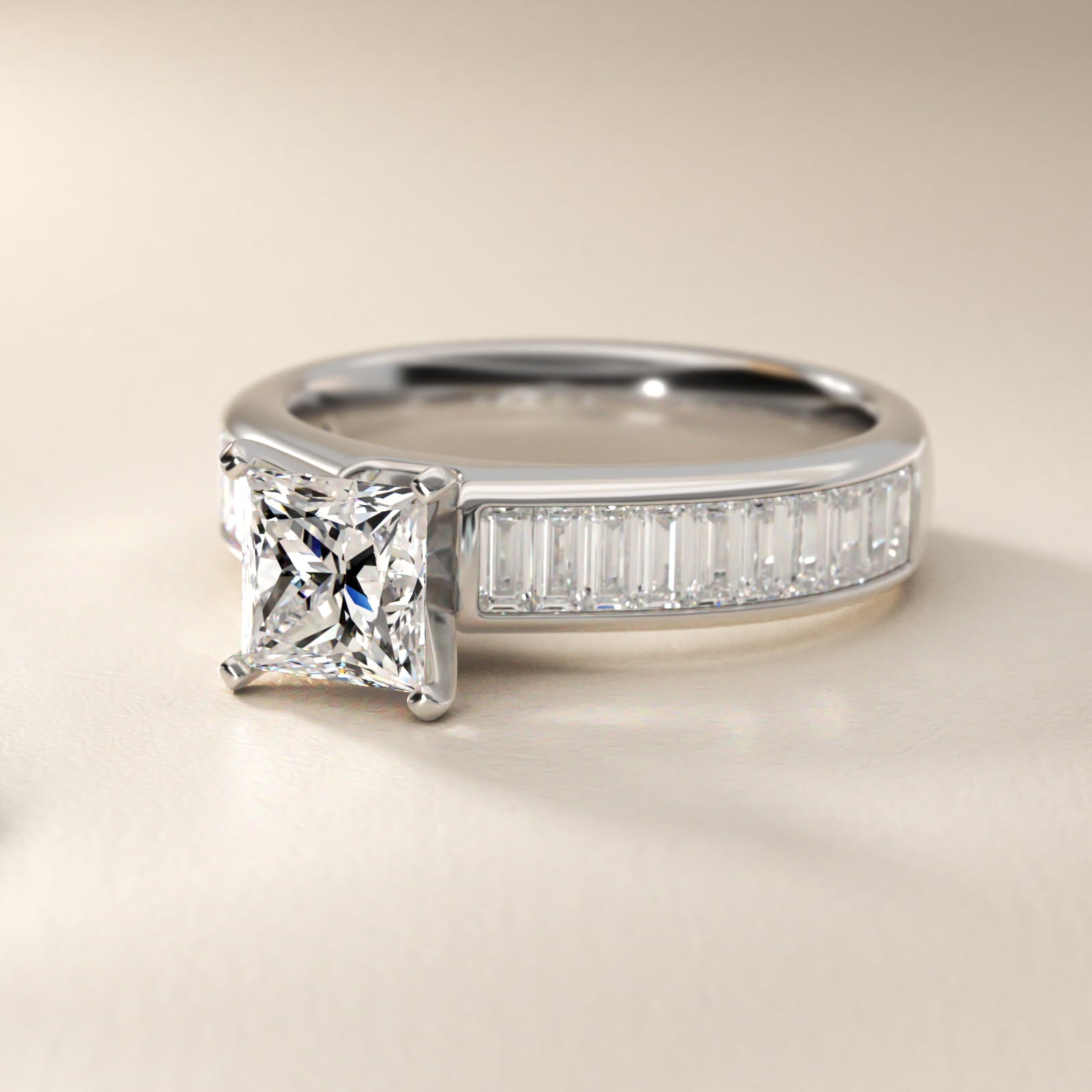 Channel Set Baguette Diamond Engagement Ring in Platinum (1 ct. tw.) - Princess Center