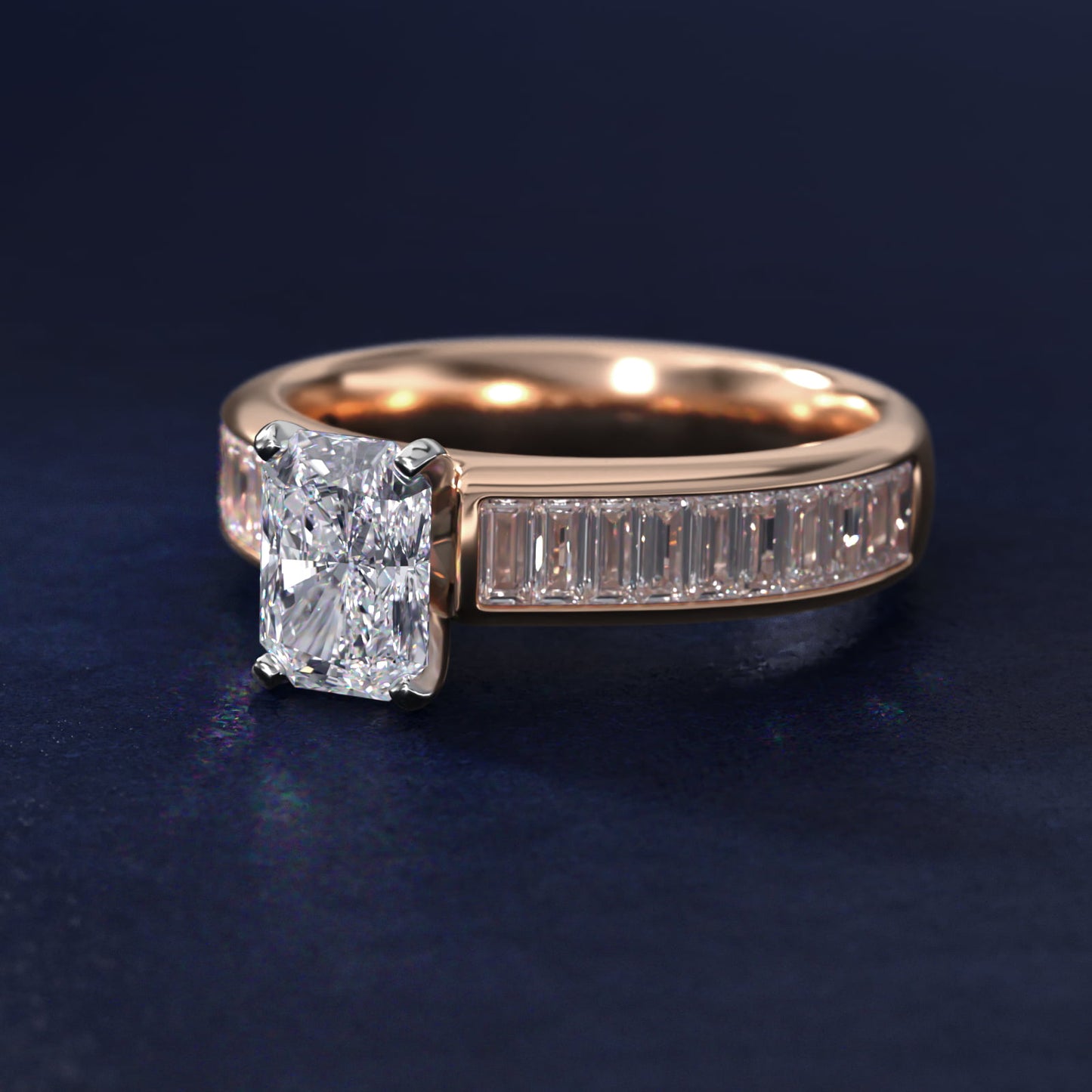 Channel Set Baguette Diamond Engagement Ring in 18k Rose Gold (1 ct. tw.) - Radiant Center