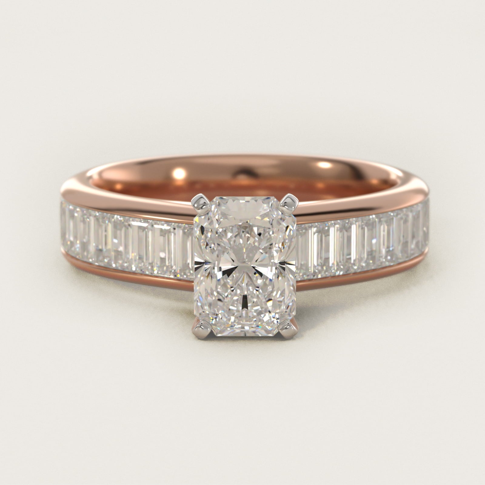 Channel Set Baguette Diamond Engagement Ring in 14k Rose Gold (1 ct. tw.) - Radiant Center