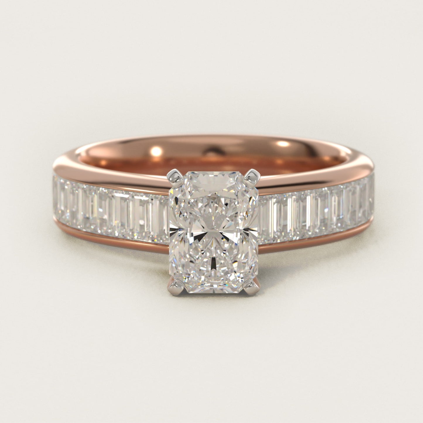Channel Set Baguette Diamond Engagement Ring in 18k Rose Gold (1 ct. tw.) - Radiant Center
