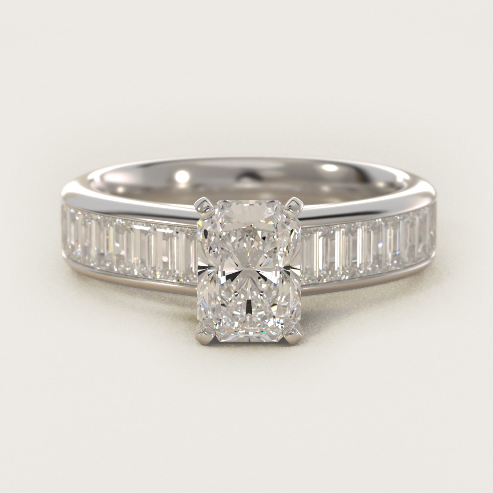 Channel Set Baguette Diamond Engagement Ring in 18k White Gold (1 ct. tw.) - Radiant Center