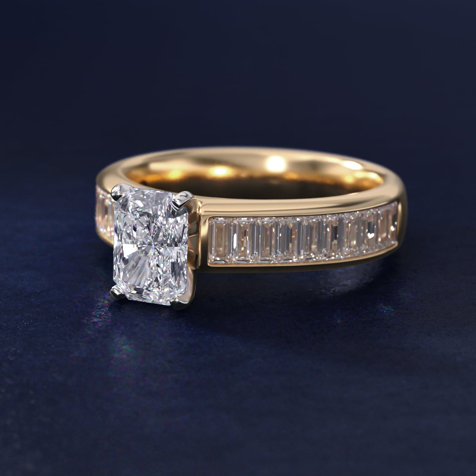 Channel Set Baguette Diamond Engagement Ring in 18k Yellow Gold (1 ct. tw.) - Radiant Center