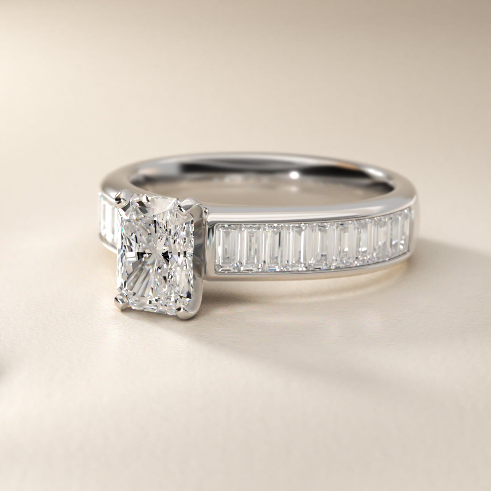 Channel Set Baguette Diamond Engagement Ring in Platinum (1 ct. tw.) - Radiant Center