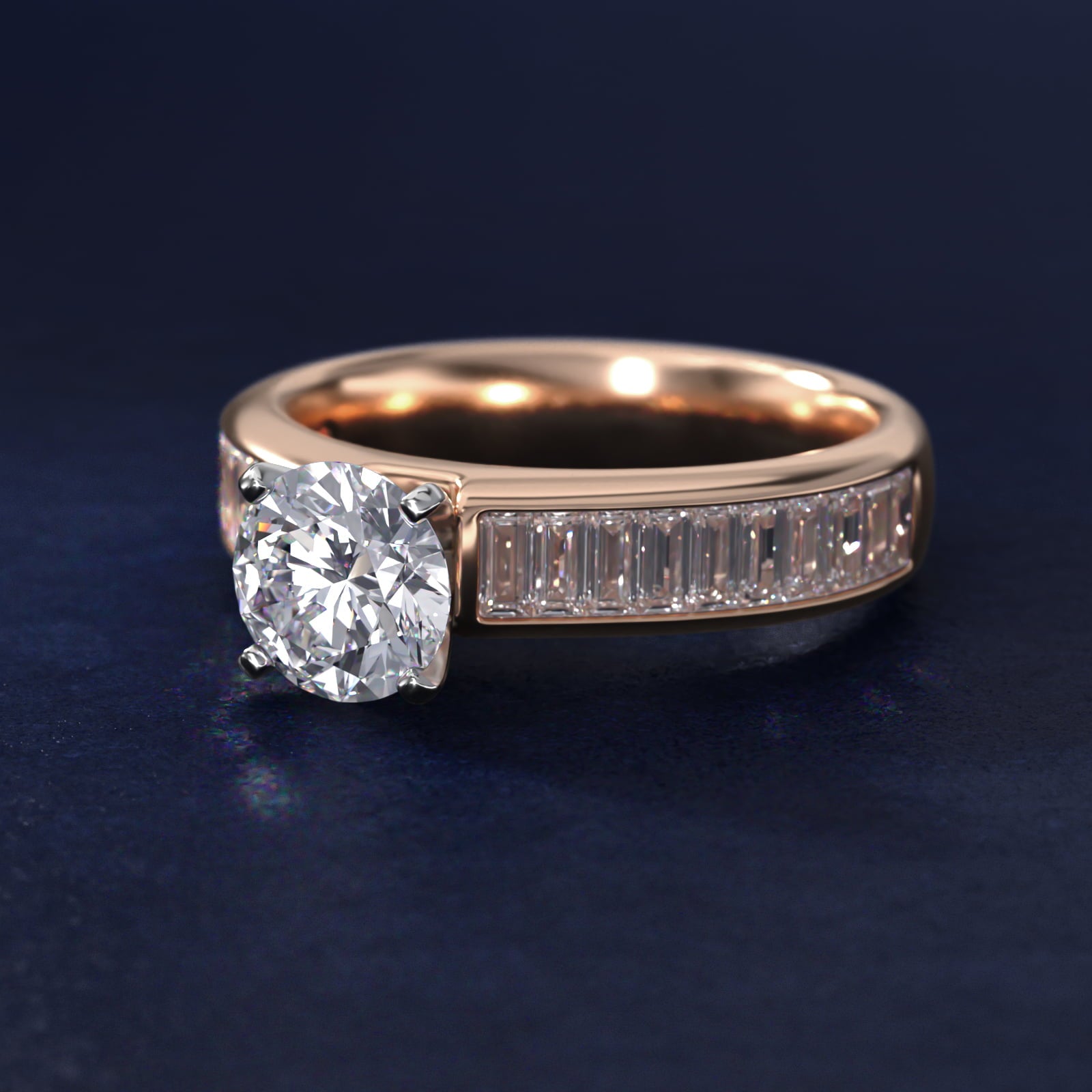 Channel Set Baguette Diamond Engagement Ring in 14k Rose Gold (1 ct. tw.) - Round Center